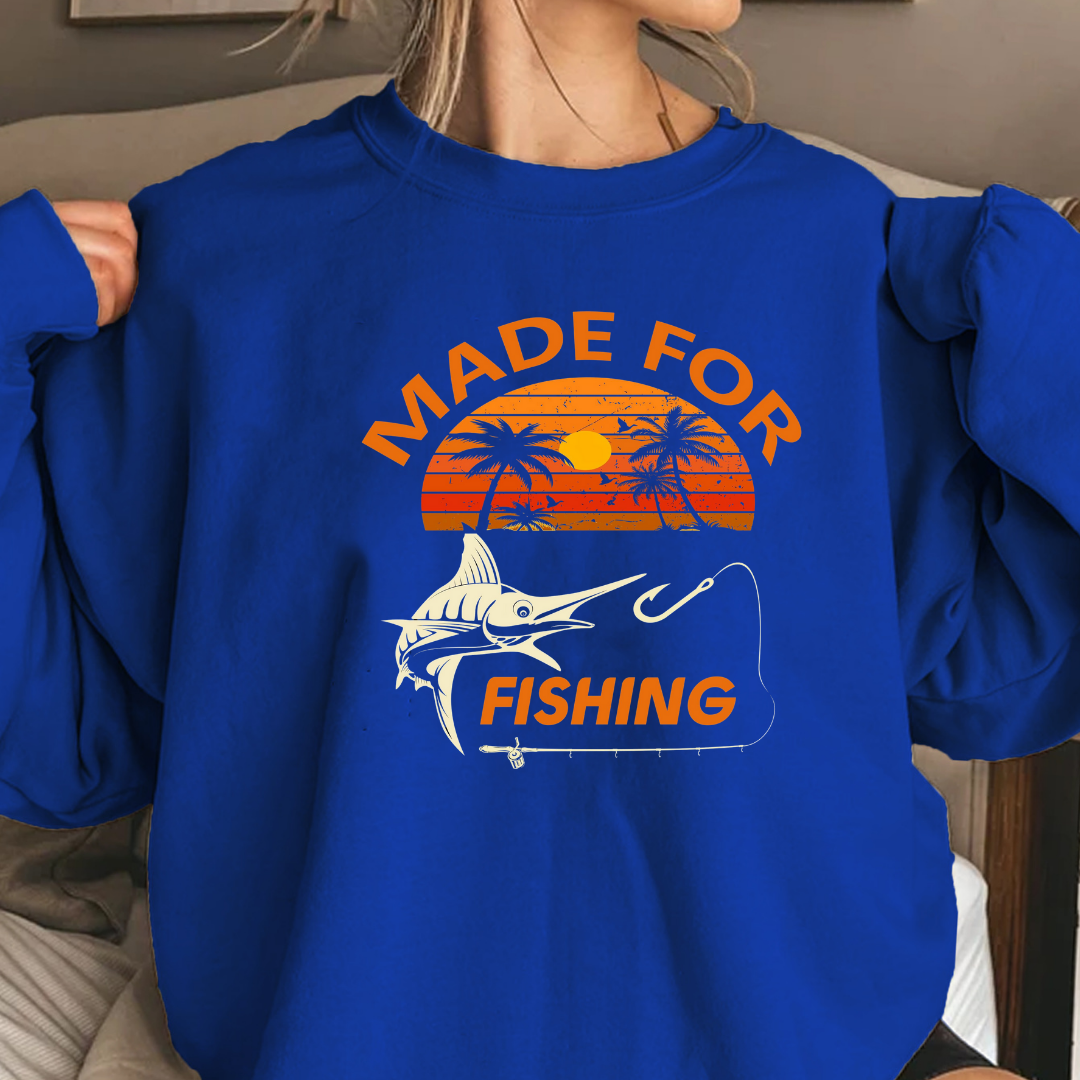 Made For Fishing Crewneck Sweatshirt, Retro Sunset Angler Pullover, Vintage Fishing Shirt, Outdoor Adventure Apparel, Fisherman Gift Tee