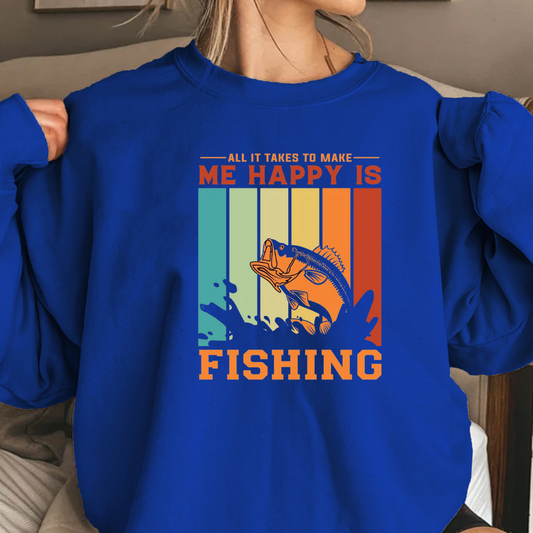 Fishing Crewneck Sweatshirt, "Me Happy Is Fishing" Retro Fish Design, Funny Angler Pullover, Outdoor Adventure Shirt, Fisherman Gift Tee