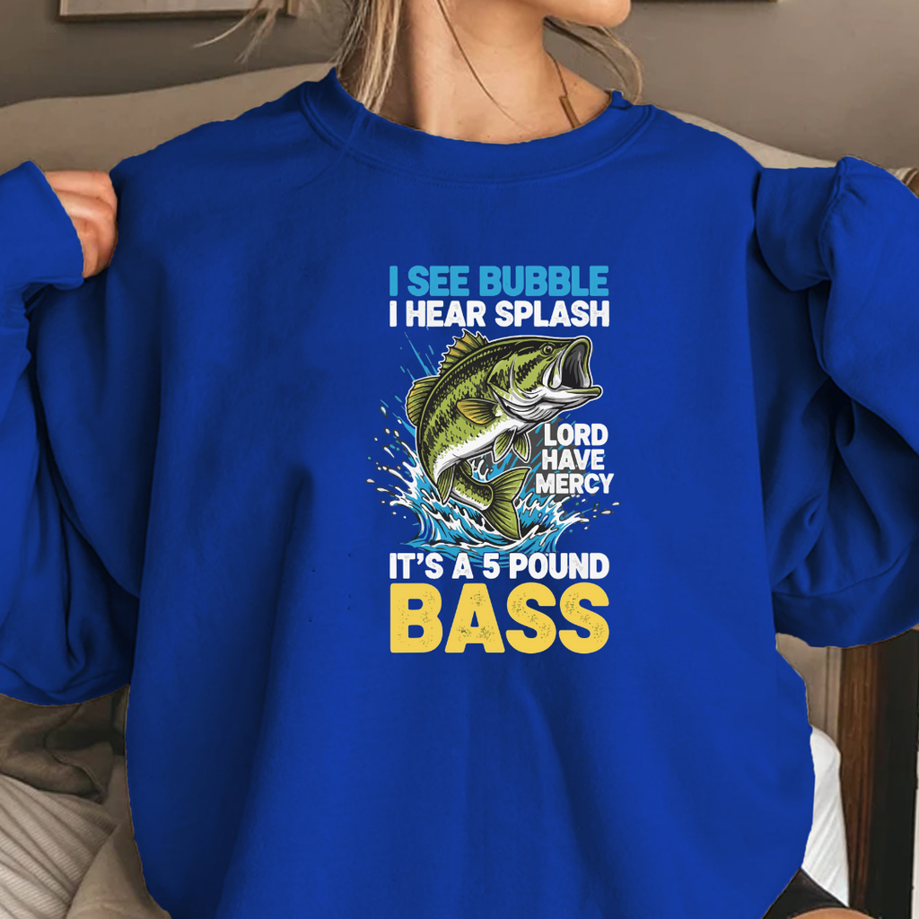 Bass Fishing Crewneck Sweatshirt, "I See Bubble Bass" Graphic, Funny Angler Shirt, Outdoor Adventure Pullover, Fisherman Gift, Retro Fishing Tee