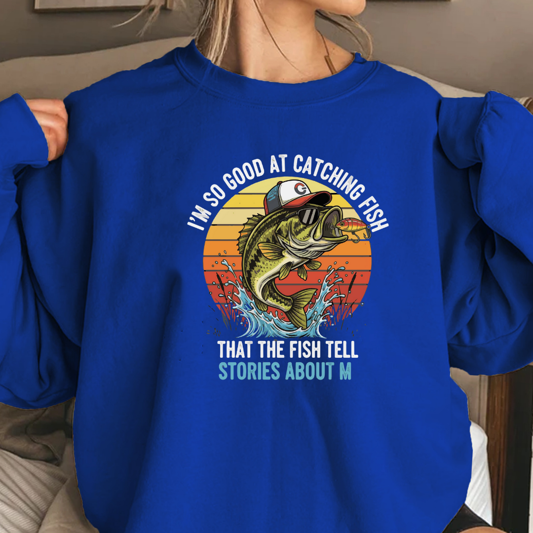 Fishing Crewneck Sweatshirt, "Stories About M" Retro Bass Graphic, Funny Angler Shirt, Outdoor Adventure Pullover, Fisherman Gift Tee