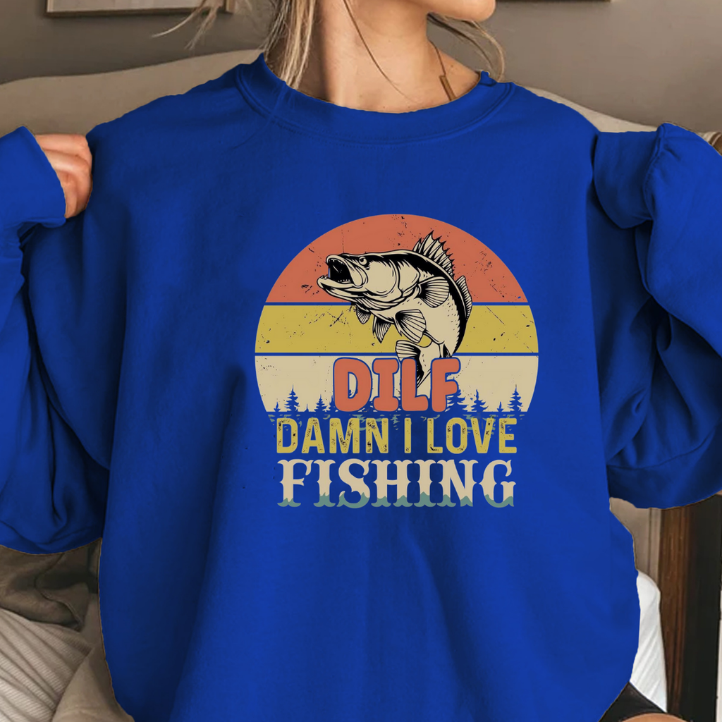 Fishing Sweatshirt, "DILF – Damn I Love Fishing" Retro Bass Crewneck, Funny Angler Shirt, Outdoor Adventure Pullover, Fisherman Gift Tee