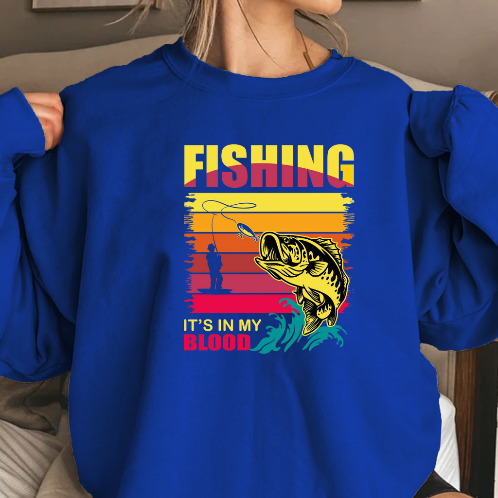 Fishing Crewneck Sweatshirt, Vintage Bass Graphic "Fishing Blood" Retro Sunset, Angler Pullover, Outdoor Adventure Shirt, Fisherman Gift Tee