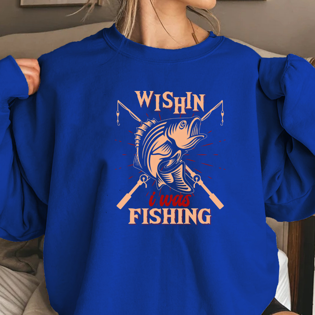 Fishing Crewneck Sweatshirt, "Wishin I Was Fishing" Retro Graphic, Vintage Angler Pullover, Outdoor Adventure Shirt, Fisherman Gift Tee