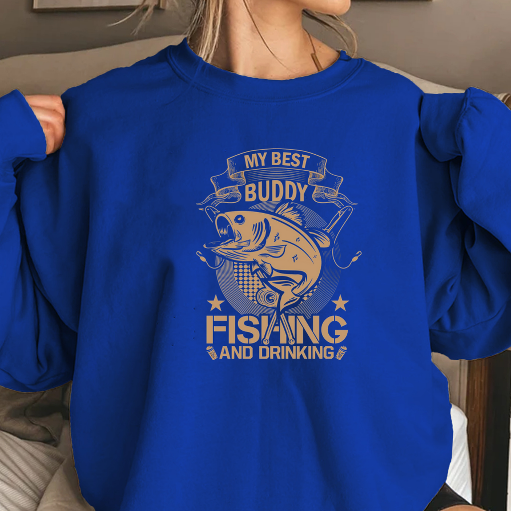 Fishing Buddy Crewneck Sweatshirt, "My Best Buddy is Fishing" Graphic, Funny Angler Shirt, Outdoor Adventure Pullover, Fisherman Gift Tee
