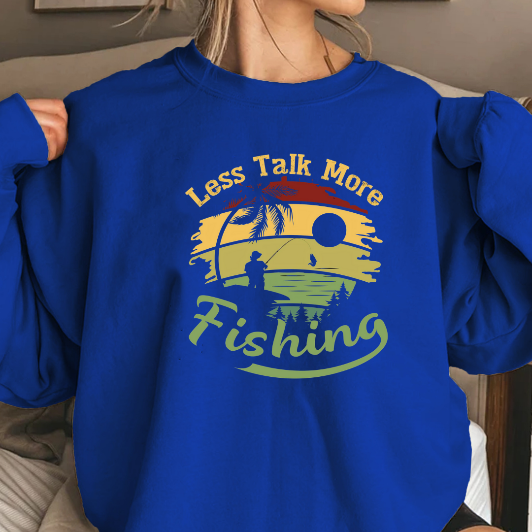 Fishing Crewneck Sweatshirt, "Less Talk More Fishing" Retro Sunset Design, Vintage Angler Pullover, Outdoor Adventure Shirt, Fisherman Gift Tee