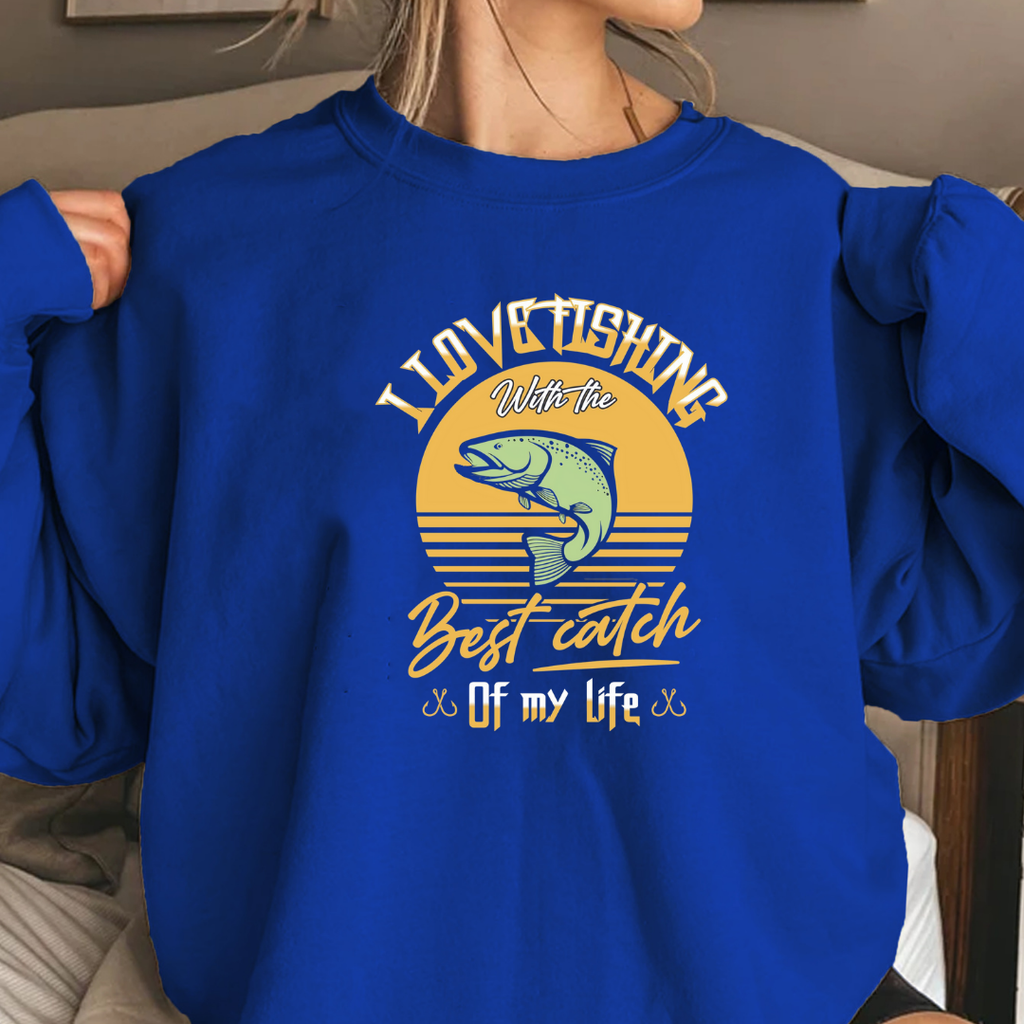 Crewneck Sweatshirt, Retro Sunset "Best Catches" Fishing Graphic, Vintage Angler Pullover, Outdoor Adventure Shirt, Fisherman Gift Tee