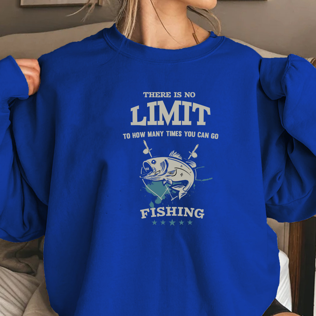 Fishing Crewneck Sweatshirt, "No Limit" Ocean Graphic, Retro Angler Pullover, Outdoor Adventure Shirt, Fisherman Gift, Relaxing Hobby Tee