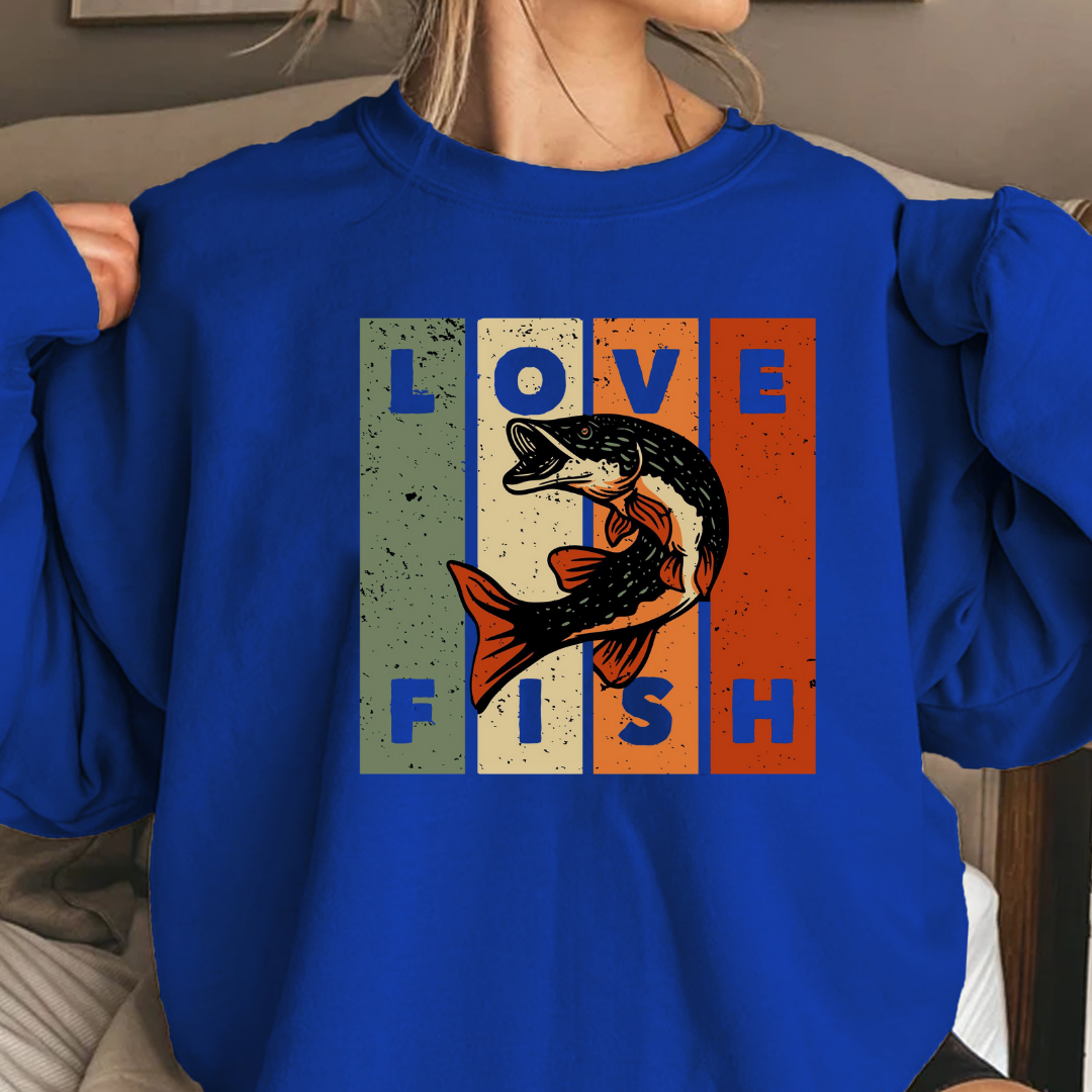 Love Fish Crewneck Sweatshirt, Retro Fishing Graphic Pullover for Anglers, Vintage Angler Shirt, Outdoor Adventure Top, Fisherman Gift Tee