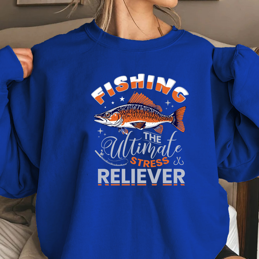 Crewneck Sweatshirt, "Fishing: The Ultimate Stress Reliever" Vintage Graphic, Funny Angler Pullover, Outdoor Adventure Shirt, Fisherman Gift Tee