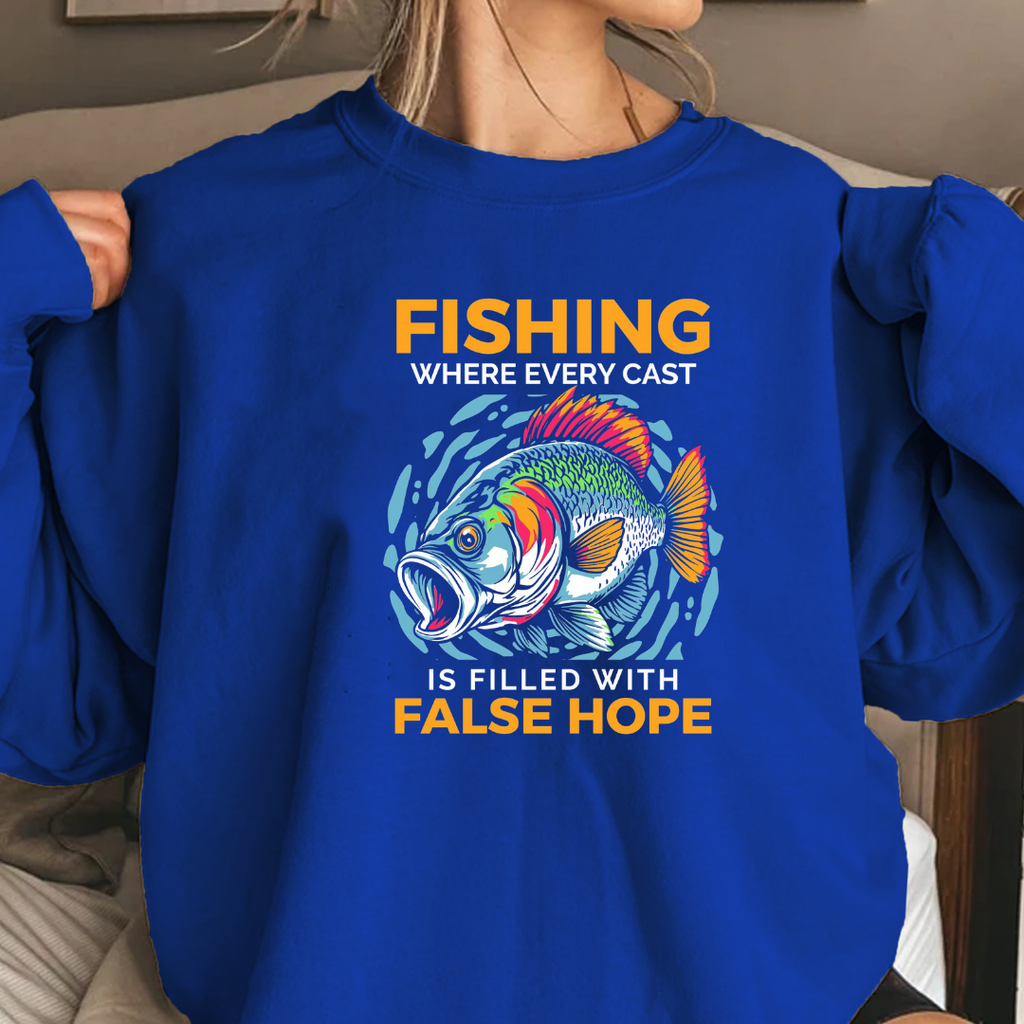 Fishing "False Hope" Crewneck Sweatshirt, Funny Angler Graphic, Retro Fishing Pullover, Outdoor Adventure Shirt, Fisherman Gift Tee