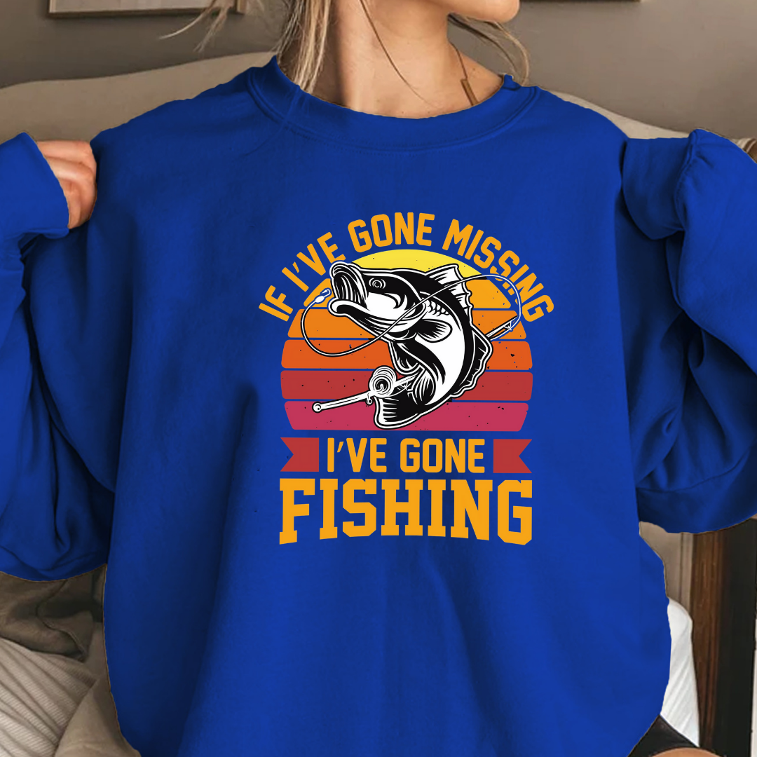Fishing Crewneck Sweatshirt, "If I’ve Gone Missing I’ve Gone Fishing" Retro Bass Design, Funny Angler Shirt, Outdoor Pullover, Fisherman Gift
