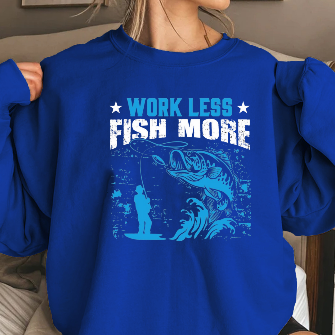 Crewneck Sweatshirt, "Work Less" Surf Vintage Graphic, Retro Beach Pullover, Casual Unisex Shirt, Cozy Coastal Tee, Summer Vibes Gift