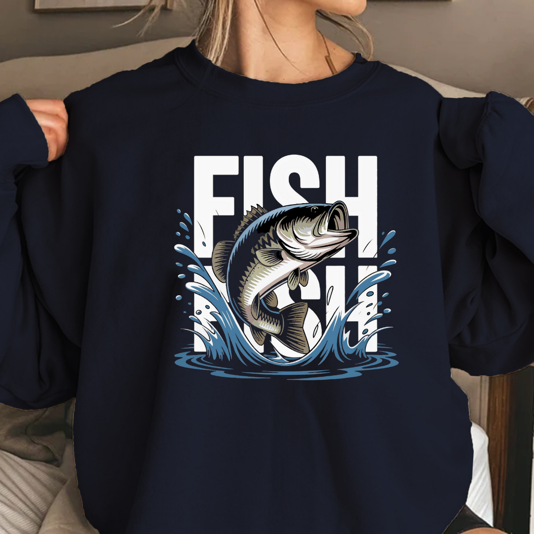 Bass Fishing Crewneck Sweatshirt, Leaping Bass Graphic, Vintage Angler Pullover, Outdoor Adventure Shirt, Fisherman Gift, Fishing Hobby Tee