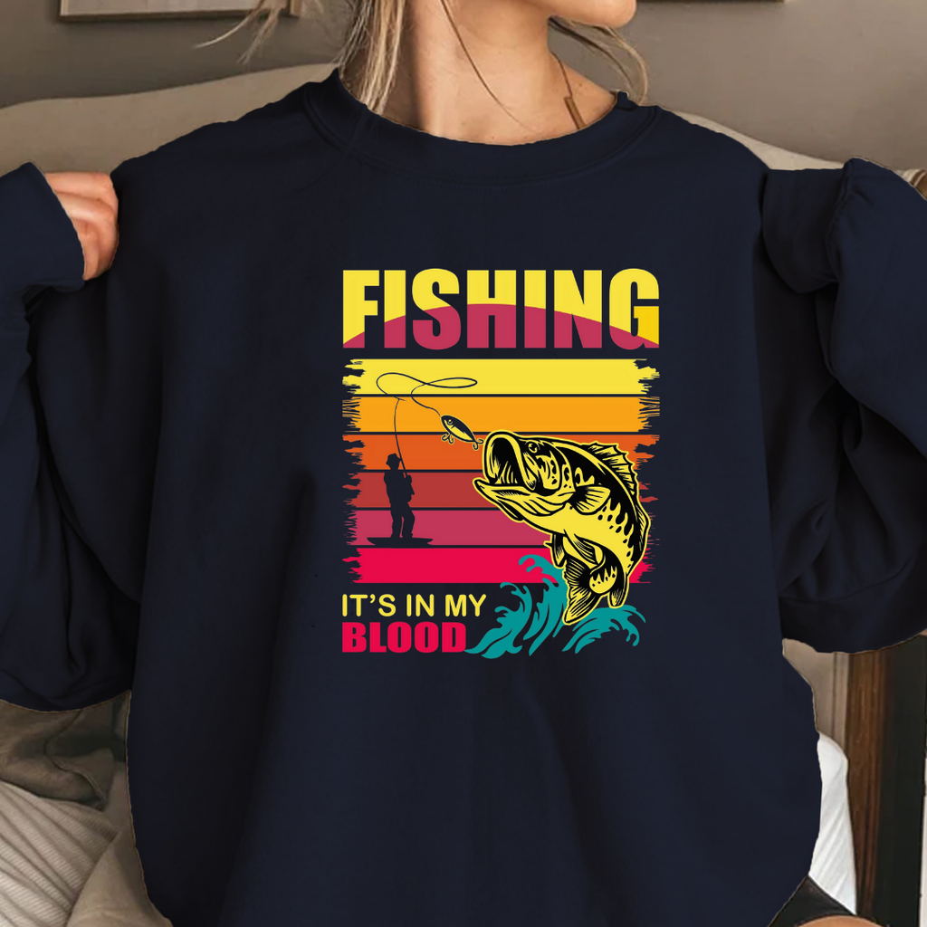 Fishing Crewneck Sweatshirt, Vintage Bass Graphic "Fishing Blood" Retro Sunset, Angler Pullover, Outdoor Adventure Shirt, Fisherman Gift Tee