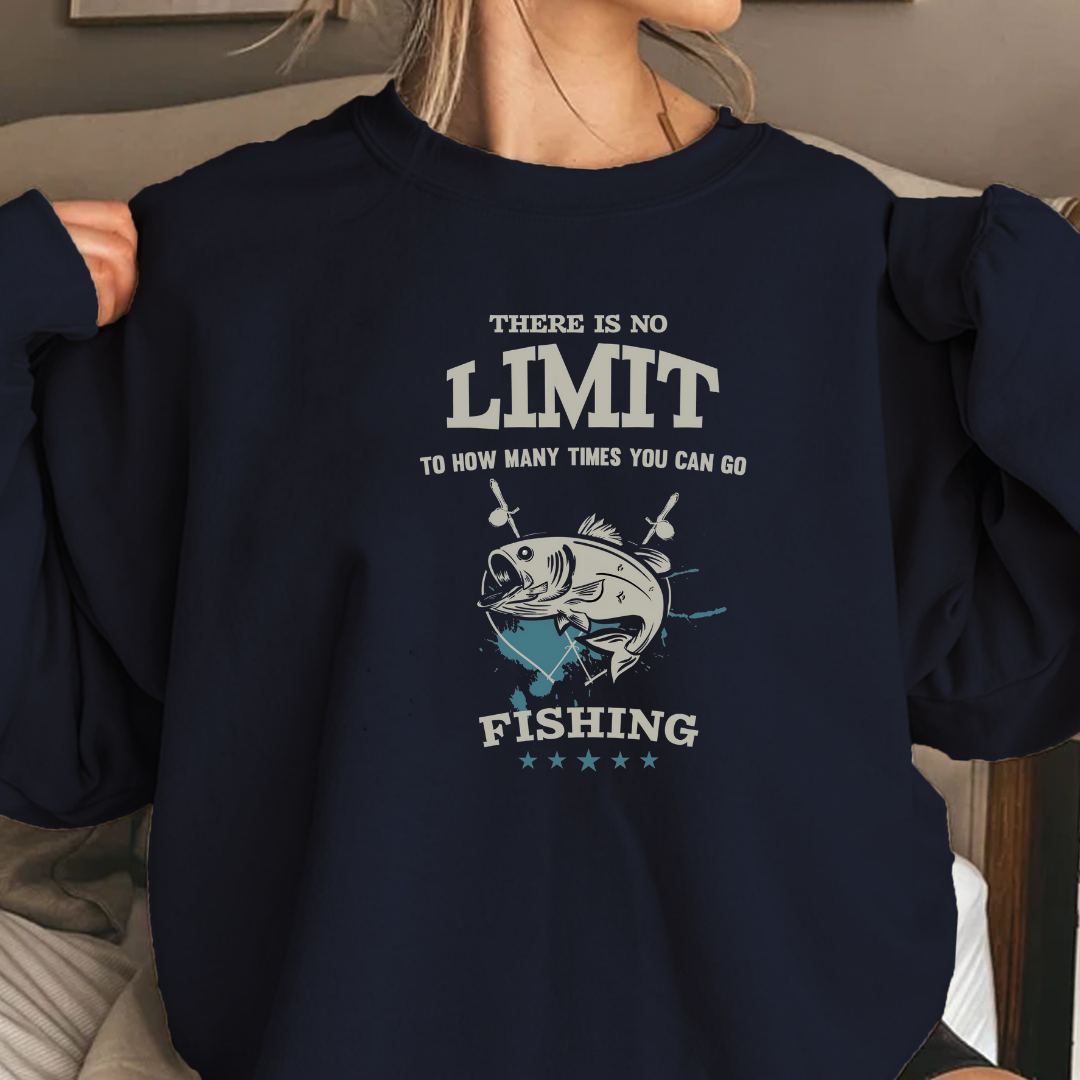Fishing Crewneck Sweatshirt, "No Limit" Ocean Graphic, Retro Angler Pullover, Outdoor Adventure Shirt, Fisherman Gift, Relaxing Hobby Tee
