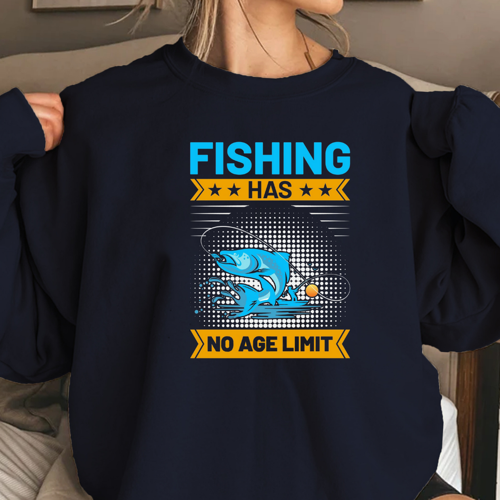 Fishing Has No Age Limit Crewneck Sweatshirt, Vintage Angler Graphic, Retro Fishing Pullover, Outdoor Adventure Shirt, Fisherman Gift Tee