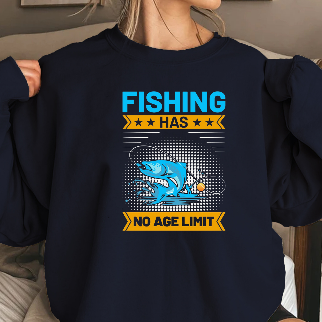 Fishing Has No Age Limit Crewneck Sweatshirt, Vintage Angler Graphic, Retro Fishing Pullover, Outdoor Adventure Shirt, Fisherman Gift Tee