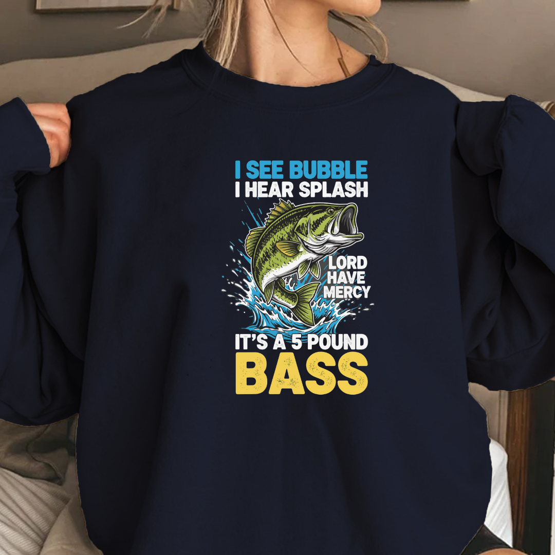 Bass Fishing Crewneck Sweatshirt, "I See Bubble Bass" Graphic, Funny Angler Shirt, Outdoor Adventure Pullover, Fisherman Gift, Retro Fishing Tee