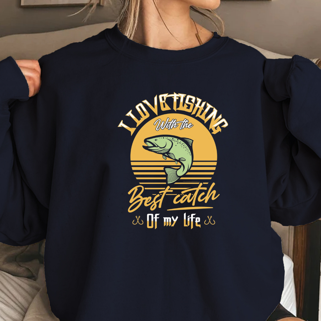 Crewneck Sweatshirt, Retro Sunset "Best Catches" Fishing Graphic, Vintage Angler Pullover, Outdoor Adventure Shirt, Fisherman Gift Tee