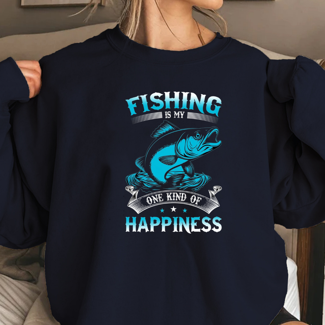 Fishing Happiness Crewneck Sweatshirt, Retro Marlin Graphic, Angler Pullover, Outdoor Adventure Shirt, Fisherman Gift, Relaxing Hobby Tee