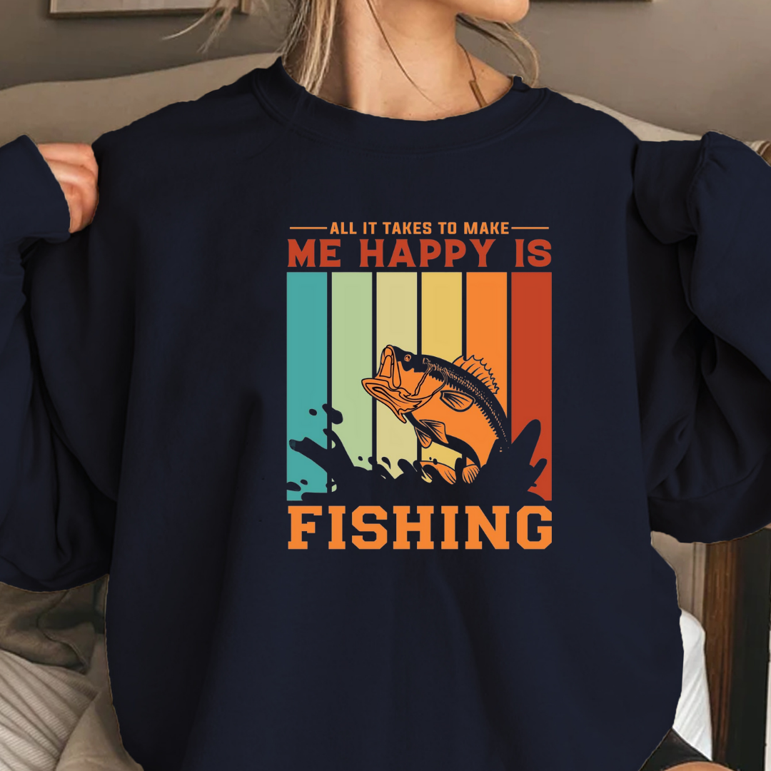Fishing Crewneck Sweatshirt, "Me Happy Is Fishing" Retro Fish Design, Funny Angler Pullover, Outdoor Adventure Shirt, Fisherman Gift Tee