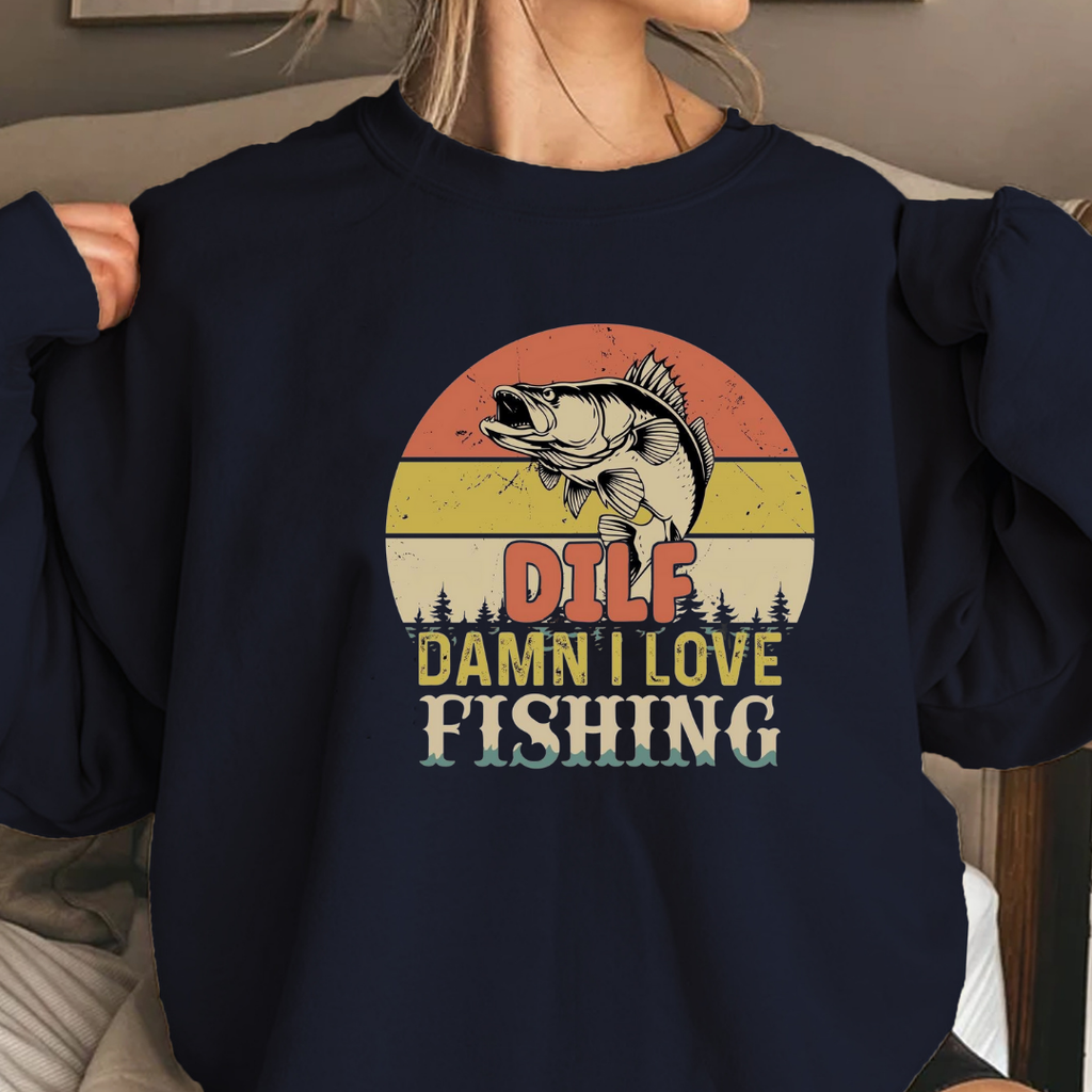 Fishing Sweatshirt, "DILF – Damn I Love Fishing" Retro Bass Crewneck, Funny Angler Shirt, Outdoor Adventure Pullover, Fisherman Gift Tee