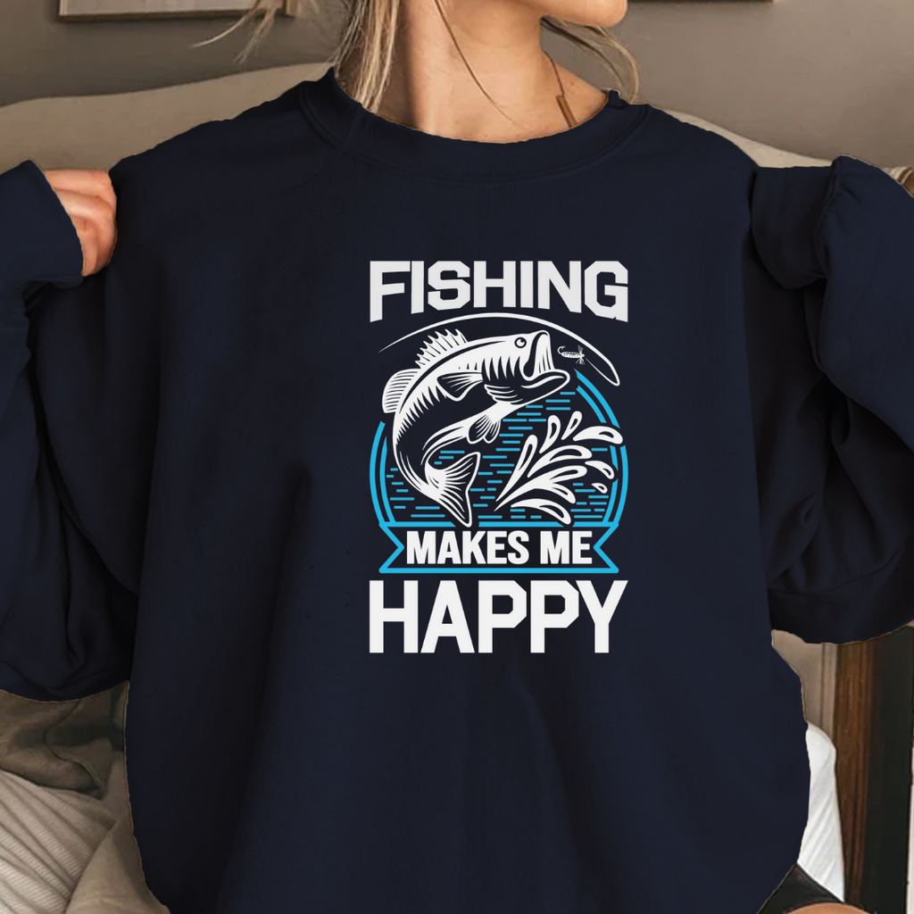 Fishing Happy Crewneck Sweatshirt, Relaxed Fishing Graphic Pullover, Funny Angler Shirt, Outdoor Adventure Apparel, Fisherman Gift Tee
