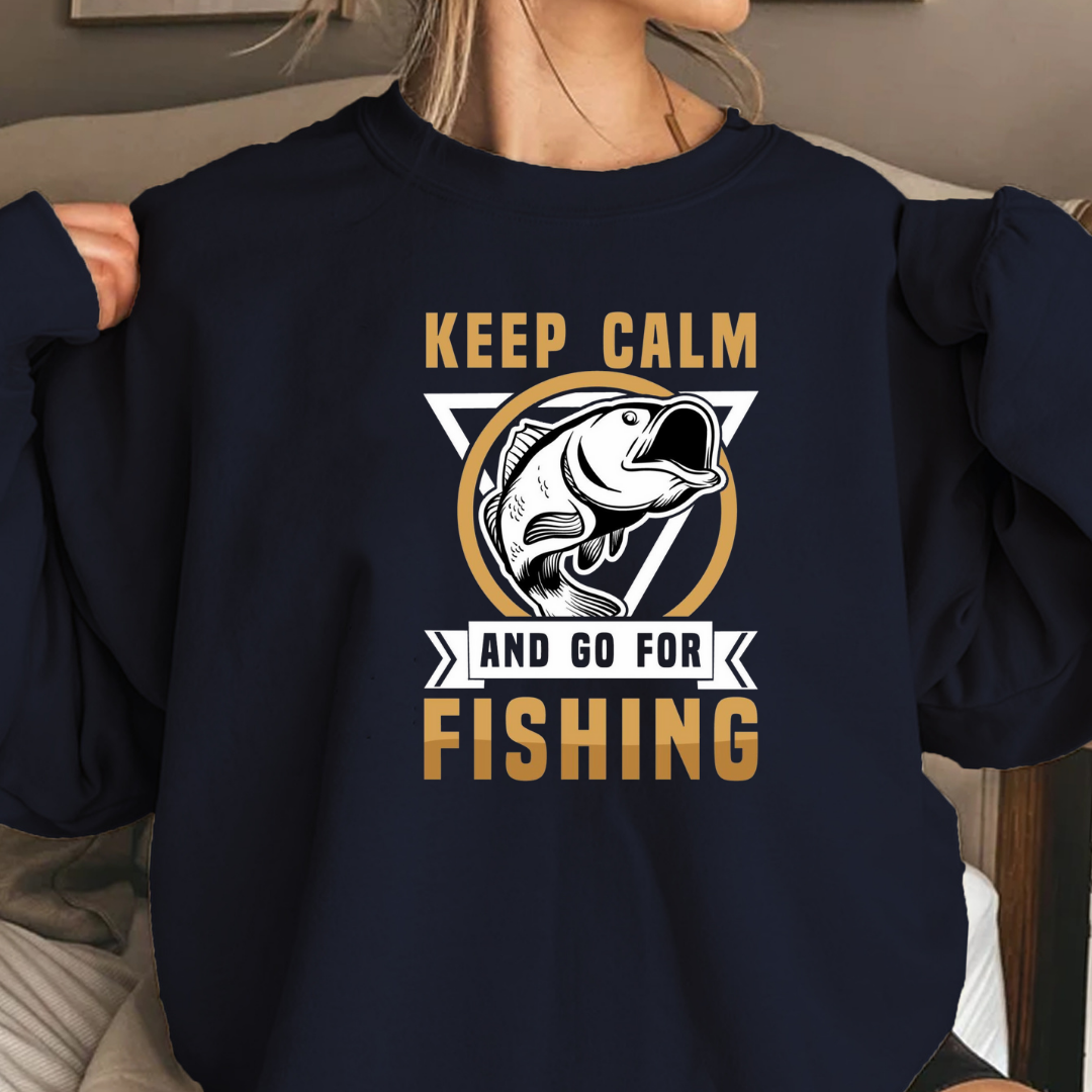 Keep Calm Fishing Crewneck Sweatshirt, Graphic Fishing Sweatshirt for Anglers, Retro Fish Pullover, Outdoor Adventure Shirt, Fisherman Gift Tee