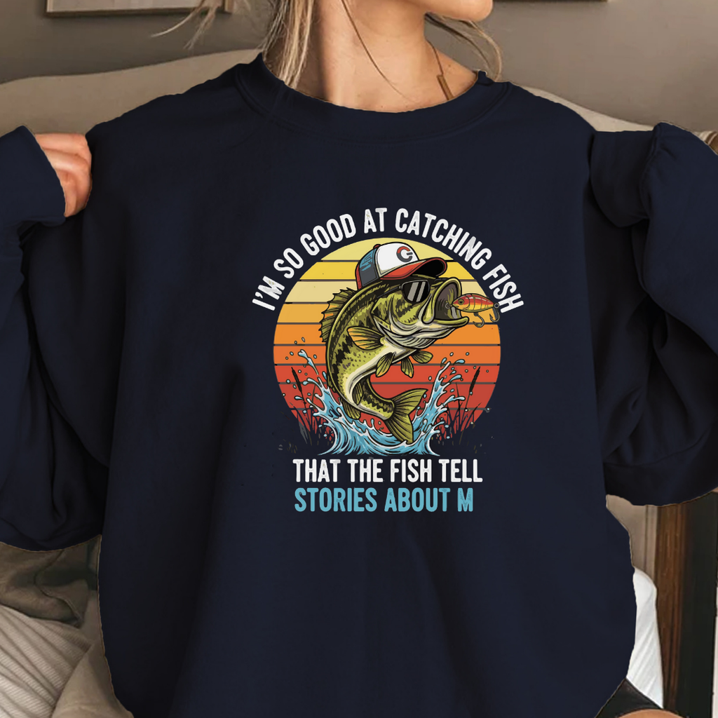 Fishing Crewneck Sweatshirt, "Stories About M" Retro Bass Graphic, Funny Angler Shirt, Outdoor Adventure Pullover, Fisherman Gift Tee