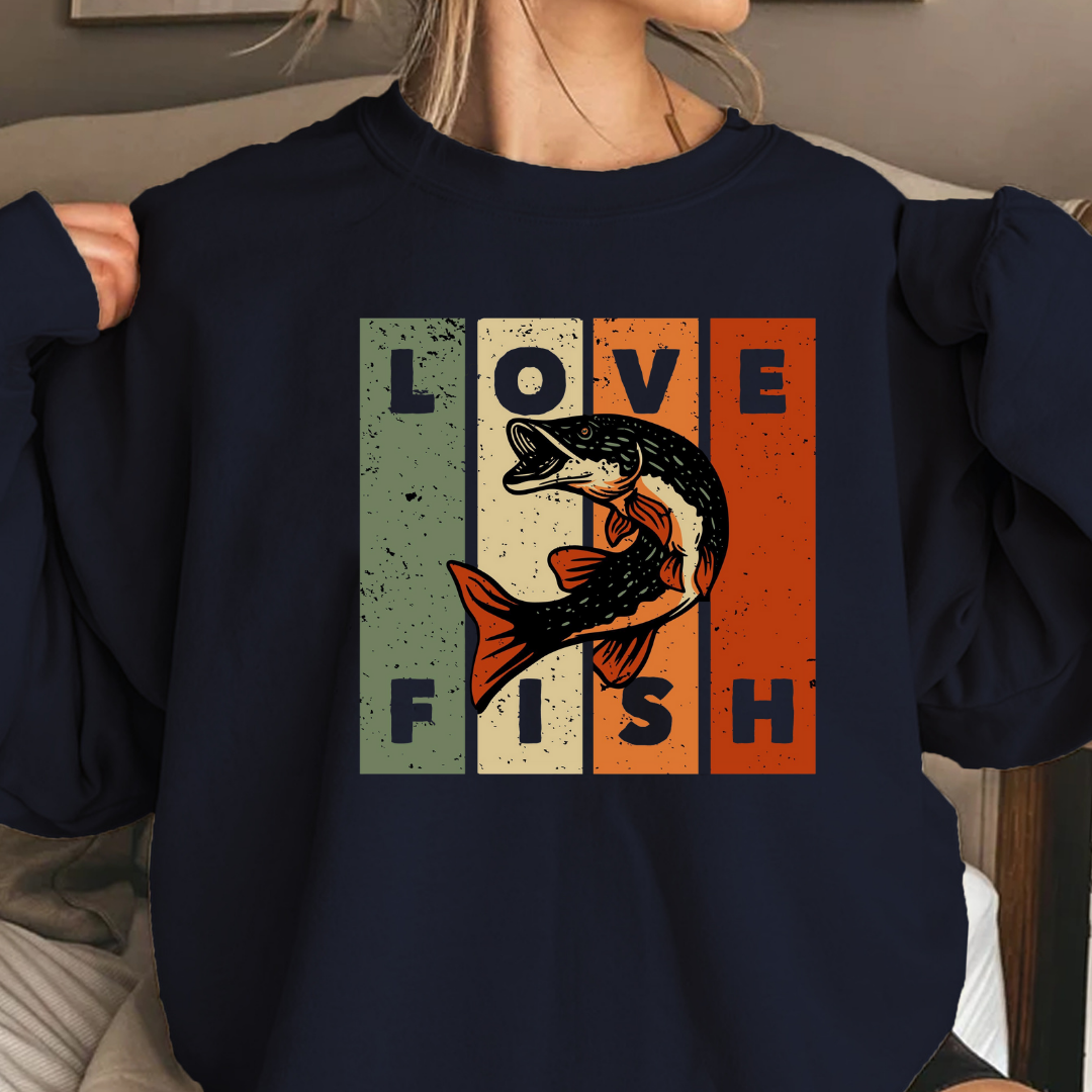 Love Fish Crewneck Sweatshirt, Retro Fishing Graphic Pullover for Anglers, Vintage Angler Shirt, Outdoor Adventure Top, Fisherman Gift Tee