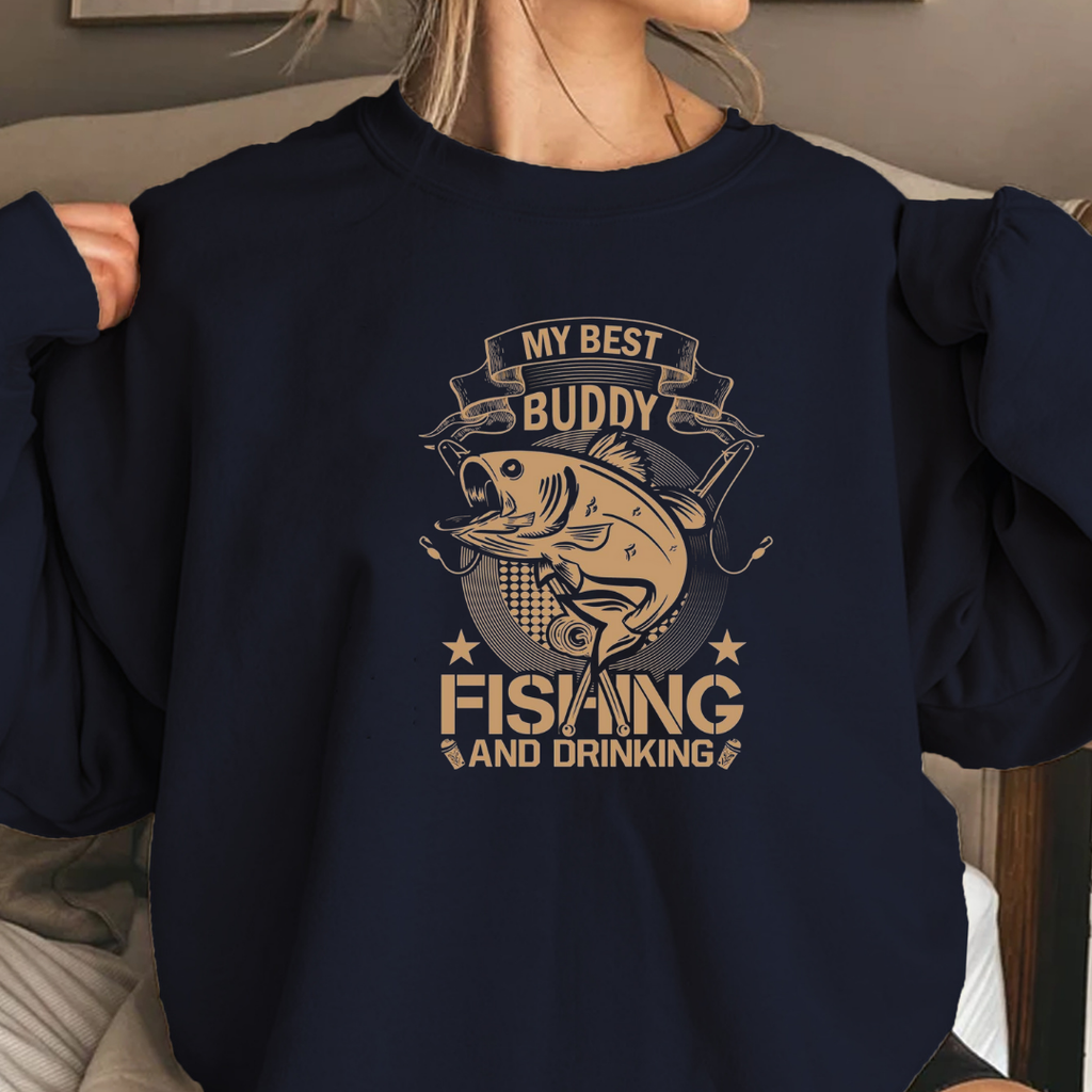 Fishing Buddy Crewneck Sweatshirt, "My Best Buddy is Fishing" Graphic, Funny Angler Shirt, Outdoor Adventure Pullover, Fisherman Gift Tee
