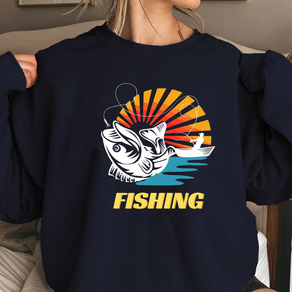 Fishing Sunset Crewneck Sweatshirt, Retro Angler Graphic Pullover, Outdoor Adventure Shirt, Vintage Fishing Gift, Relaxing Hobby Tee