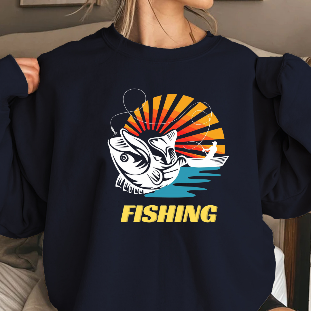 Fishing Sunset Crewneck Sweatshirt, Retro Angler Graphic Pullover, Outdoor Adventure Shirt, Vintage Fishing Gift, Relaxing Hobby Tee