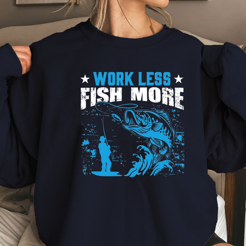 Crewneck Sweatshirt, "Work Less" Surf Vintage Graphic, Retro Beach Pullover, Casual Unisex Shirt, Cozy Coastal Tee, Summer Vibes Gift
