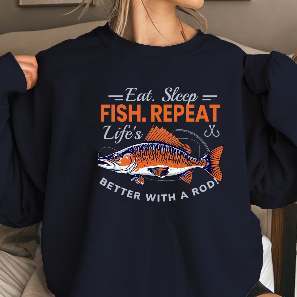 Fishing Crewneck Sweatshirt, "Eat. Sleep. Fish. Repeat." Graphic, Funny Angler Pullover, Outdoor Adventure Shirt, Fisherman Gift Tee