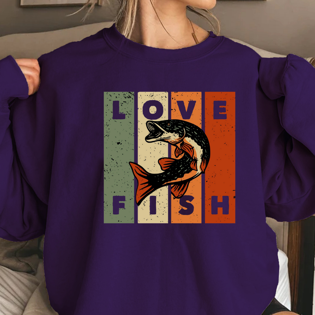 Love Fish Crewneck Sweatshirt, Retro Fishing Graphic Pullover for Anglers, Vintage Angler Shirt, Outdoor Adventure Top, Fisherman Gift Tee
