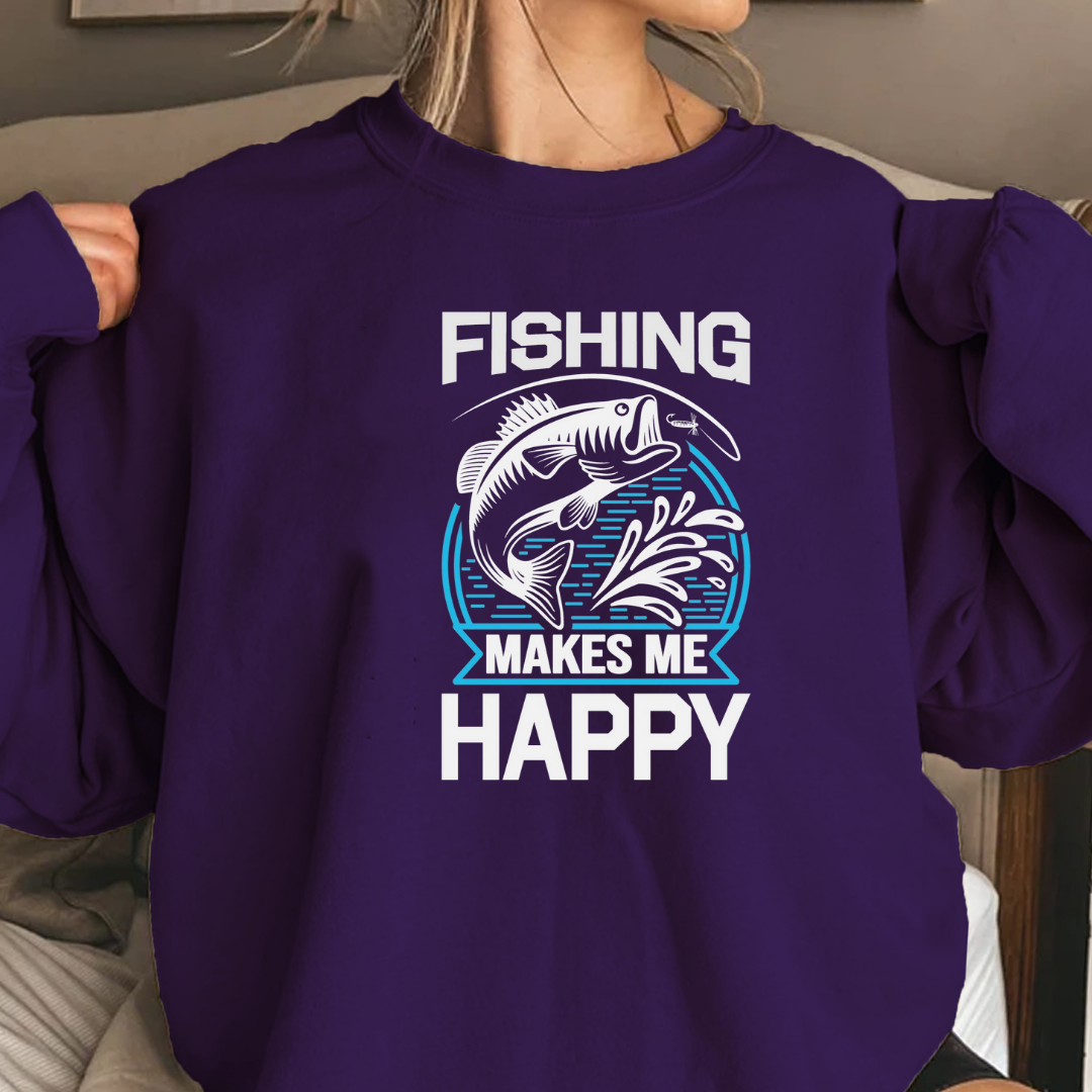 Fishing Happy Crewneck Sweatshirt, Relaxed Fishing Graphic Pullover, Funny Angler Shirt, Outdoor Adventure Apparel, Fisherman Gift Tee