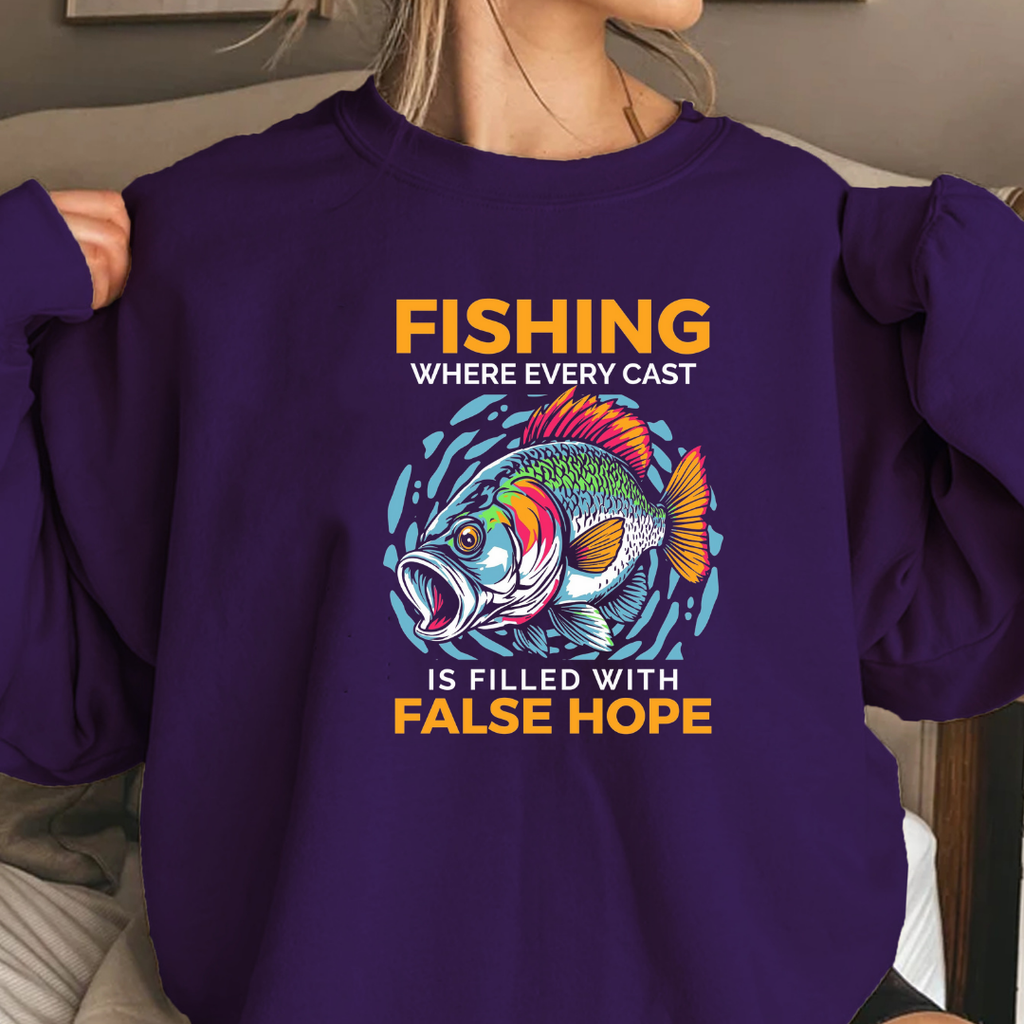 Fishing "False Hope" Crewneck Sweatshirt, Funny Angler Graphic, Retro Fishing Pullover, Outdoor Adventure Shirt, Fisherman Gift Tee