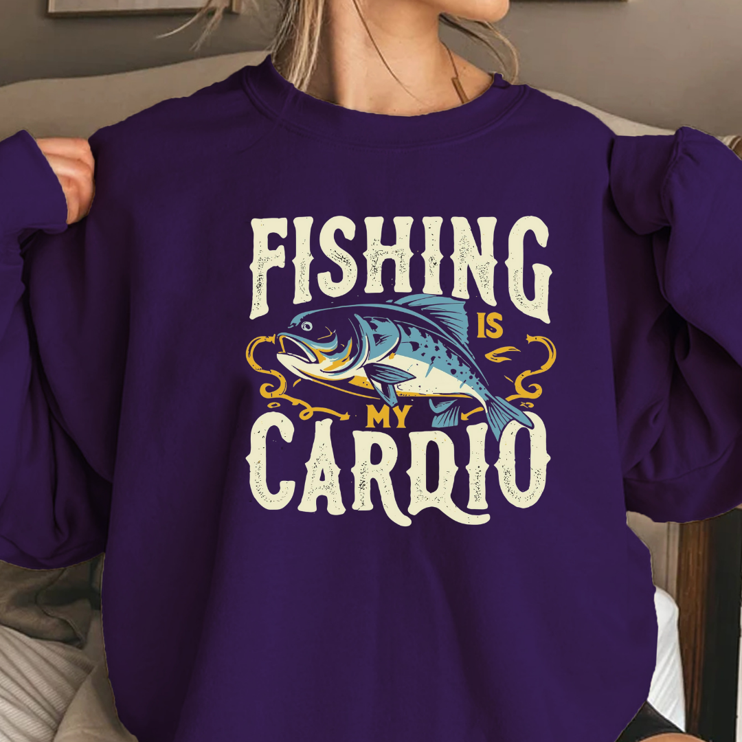 Fishing Is My Cardio Crewneck Sweatshirt, Funny Angler Shirt, Outdoor Adventure Pullover, Fisherman Gift, Relaxing Hobby Graphic Tee