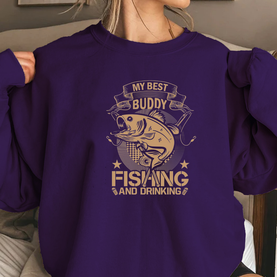 Fishing Buddy Crewneck Sweatshirt, "My Best Buddy is Fishing" Graphic, Funny Angler Shirt, Outdoor Adventure Pullover, Fisherman Gift Tee