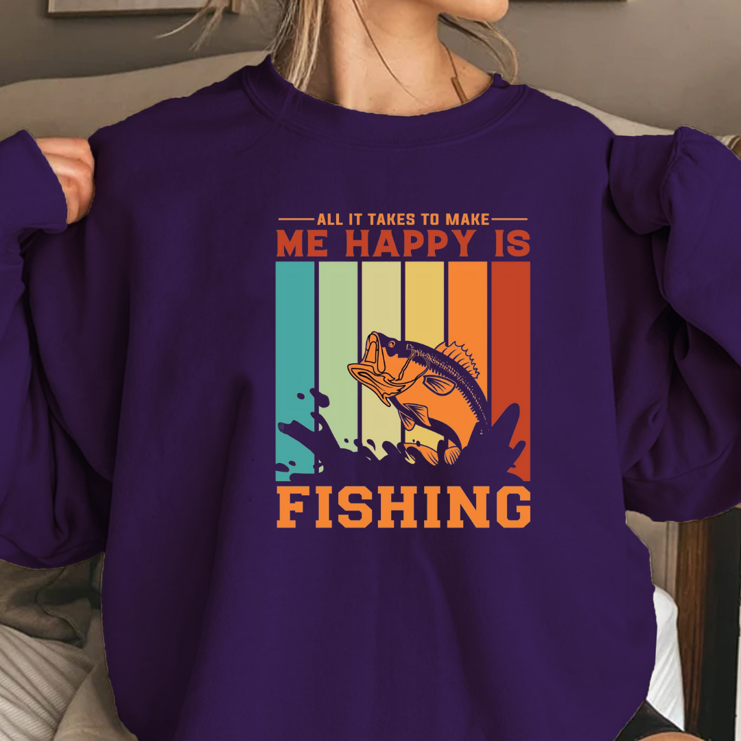 Fishing Crewneck Sweatshirt, "Me Happy Is Fishing" Retro Fish Design, Funny Angler Pullover, Outdoor Adventure Shirt, Fisherman Gift Tee