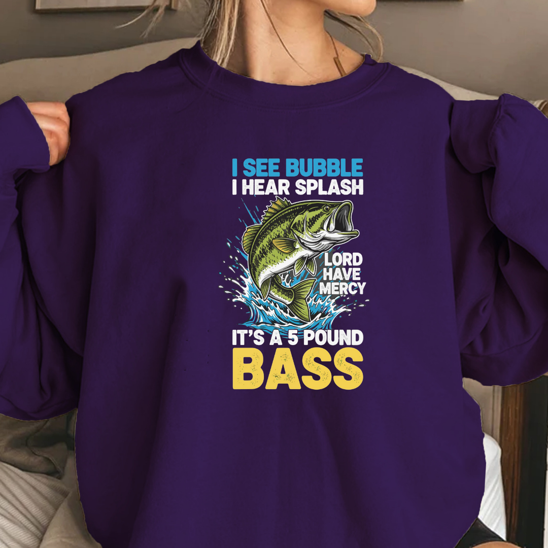 Bass Fishing Crewneck Sweatshirt, "I See Bubble Bass" Graphic, Funny Angler Shirt, Outdoor Adventure Pullover, Fisherman Gift, Retro Fishing Tee