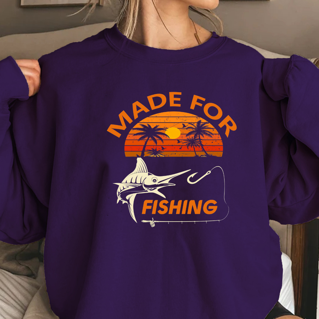 Made For Fishing Crewneck Sweatshirt, Retro Sunset Angler Pullover, Vintage Fishing Shirt, Outdoor Adventure Apparel, Fisherman Gift Tee