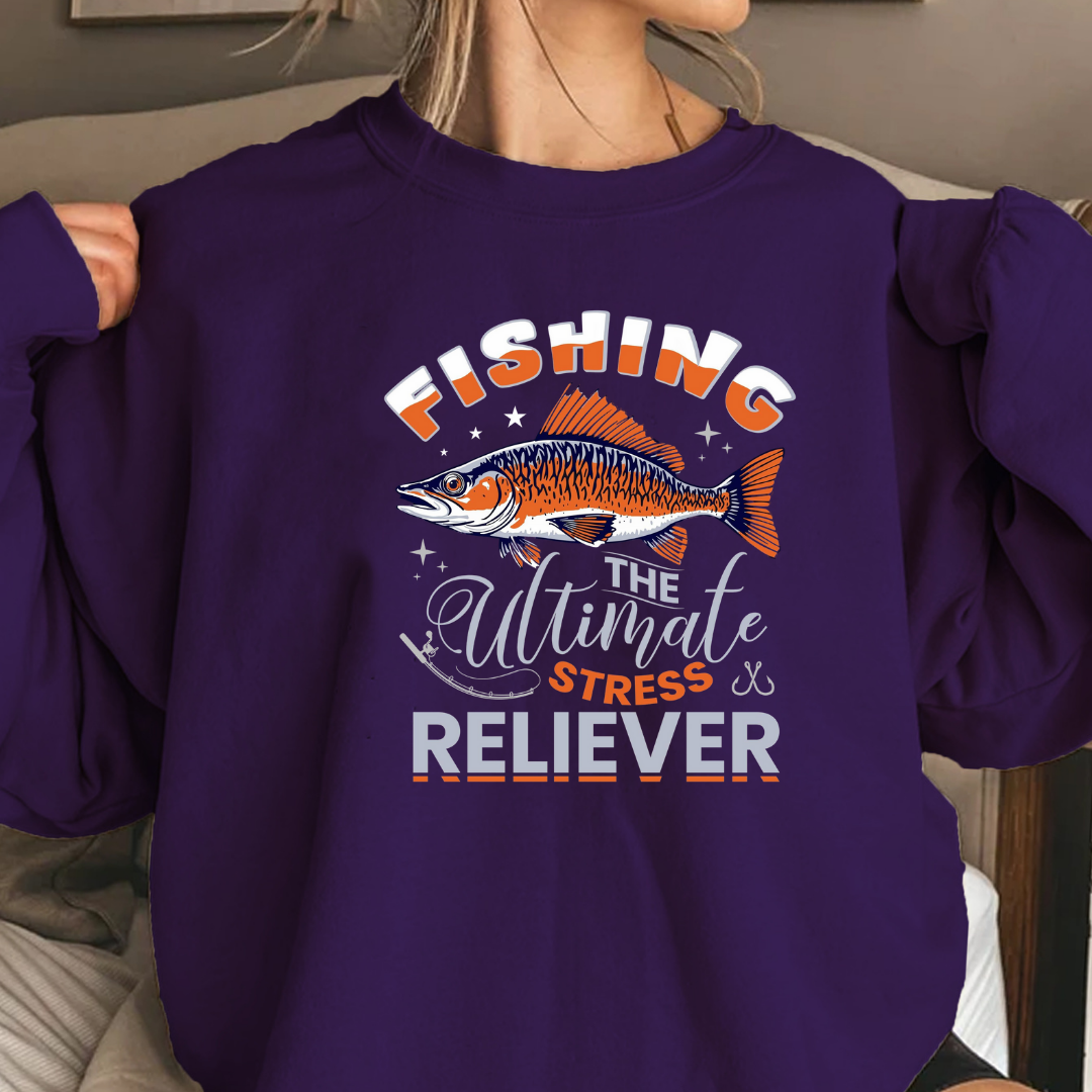 Crewneck Sweatshirt, "Fishing: The Ultimate Stress Reliever" Vintage Graphic, Funny Angler Pullover, Outdoor Adventure Shirt, Fisherman Gift Tee