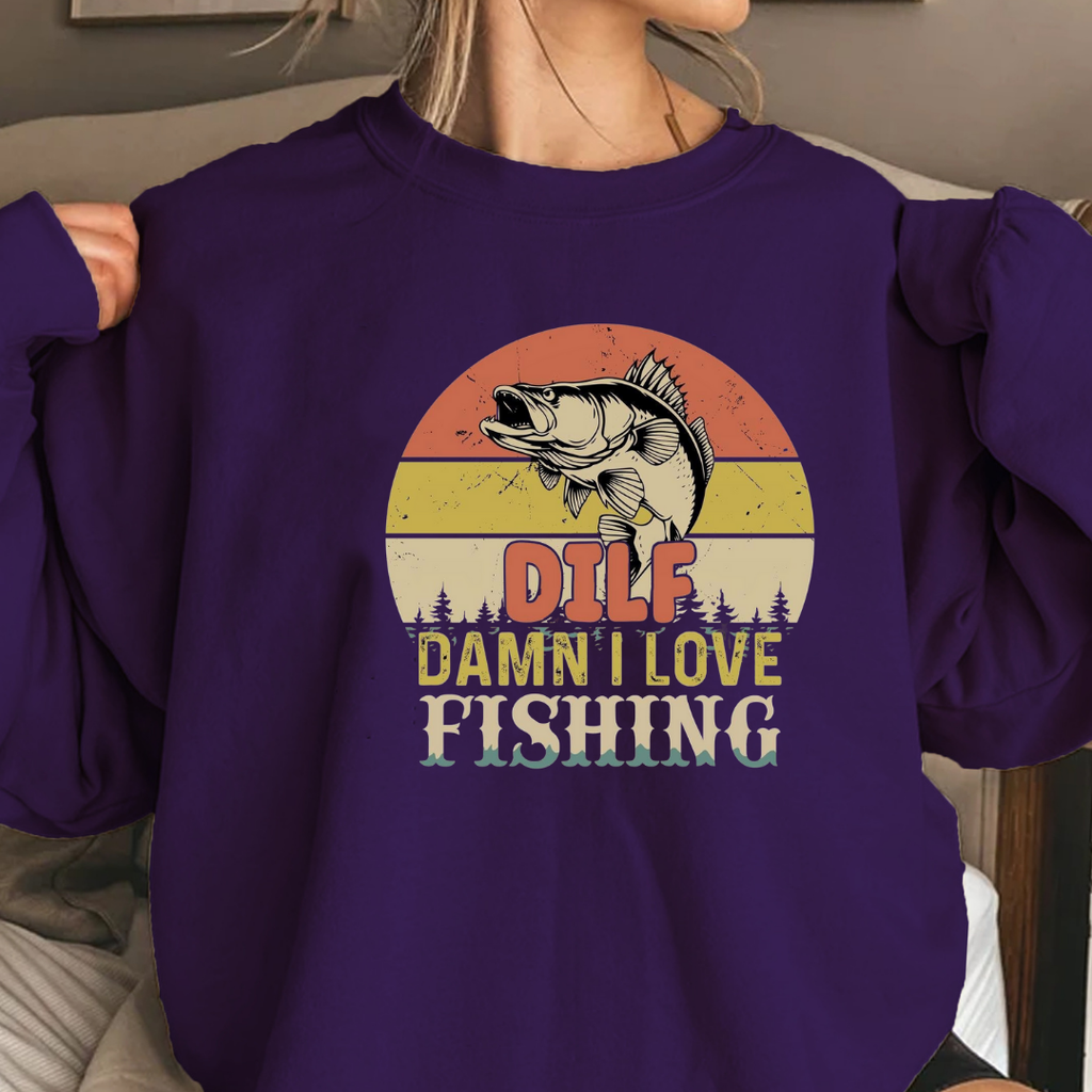 Fishing Sweatshirt, "DILF – Damn I Love Fishing" Retro Bass Crewneck, Funny Angler Shirt, Outdoor Adventure Pullover, Fisherman Gift Tee