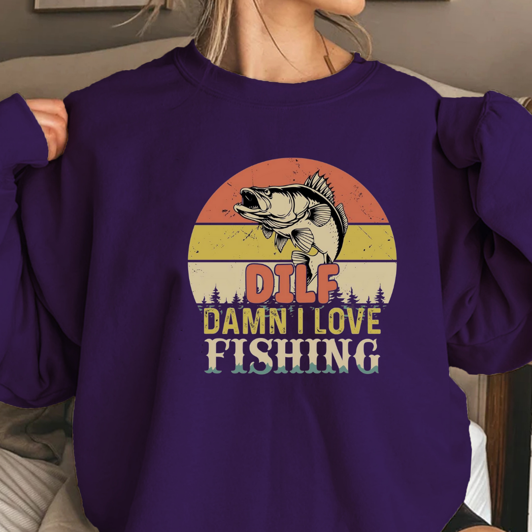 Fishing Sweatshirt, "DILF – Damn I Love Fishing" Retro Bass Crewneck, Funny Angler Shirt, Outdoor Adventure Pullover, Fisherman Gift Tee