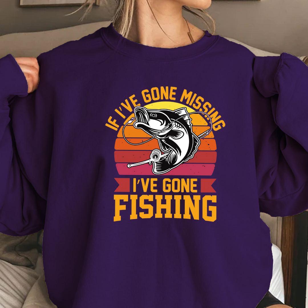 Fishing Crewneck Sweatshirt, "If I’ve Gone Missing I’ve Gone Fishing" Retro Bass Design, Funny Angler Shirt, Outdoor Pullover, Fisherman Gift