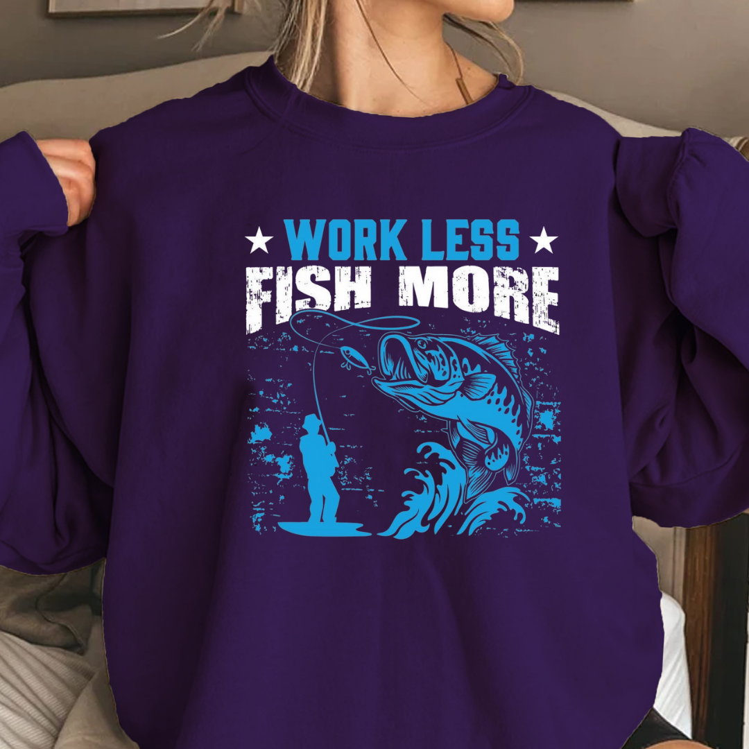 Crewneck Sweatshirt, "Work Less" Surf Vintage Graphic, Retro Beach Pullover, Casual Unisex Shirt, Cozy Coastal Tee, Summer Vibes Gift