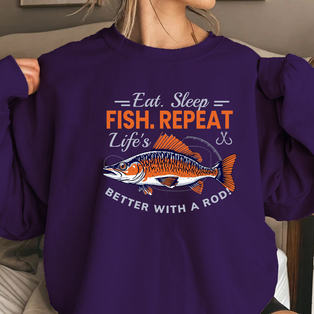 Fishing Crewneck Sweatshirt, "Eat. Sleep. Fish. Repeat." Graphic, Funny Angler Pullover, Outdoor Adventure Shirt, Fisherman Gift Tee