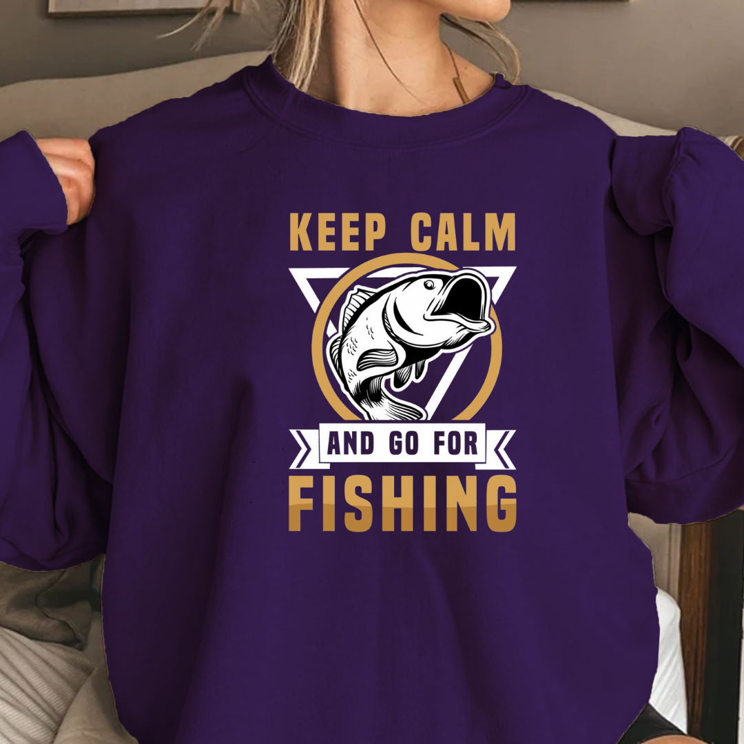 Keep Calm Fishing Crewneck Sweatshirt, Graphic Fishing Sweatshirt for Anglers, Retro Fish Pullover, Outdoor Adventure Shirt, Fisherman Gift Tee